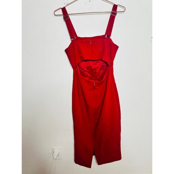 CINQ A SEPT Red Square Neck Back Cutouts Sleeveless Dakota Midi Dress size 4 - Picture 3 of 16